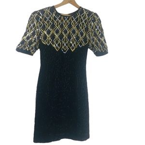 Sequined Pure Silk All Over Beading Formal Short Prom Cocktail Black Tie Lined